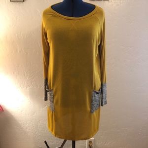 42pops mustard blouse, gray pockets & cuffs, 2X